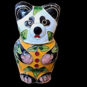 Vintage Chinese Cloisonne Jar with Lid Panda Bear Figurine Enameled,  3"